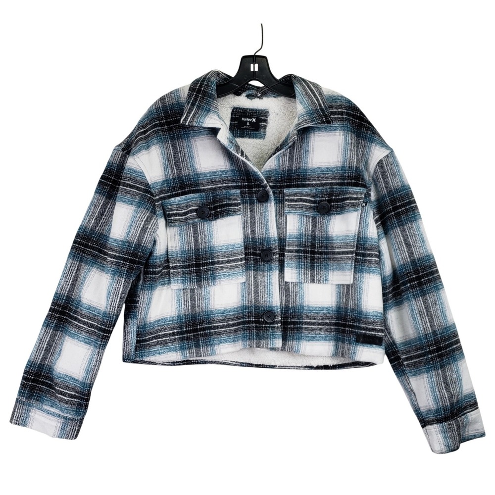 Hurley Plaid Shirt Jacket Women XL Blue Black White Cropped Sherpa Shacket Cozy